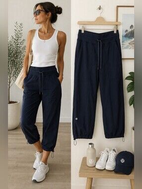 Lululemon Navy Studio Travel Cropped Pants Stretch Adjustable Hem Pockets